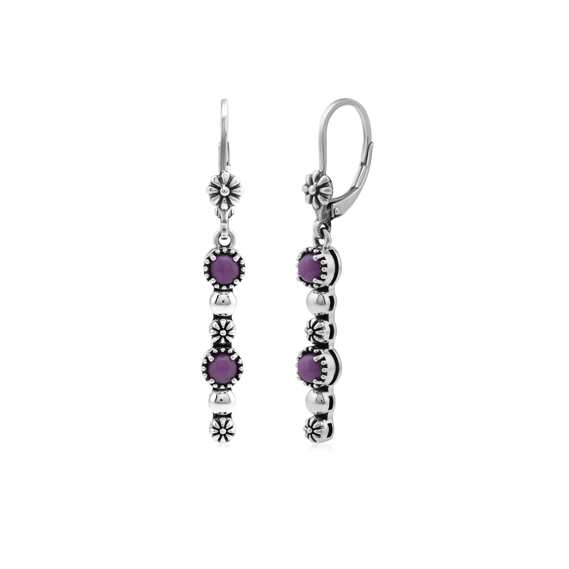 Sterling Silver Phosphosiderite Round Gemstone and Concha Linear Lever Back Earrings