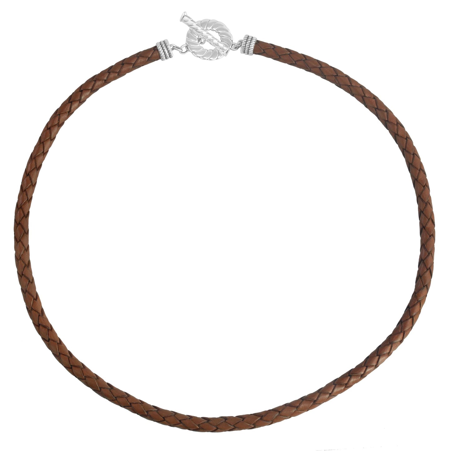 Sterling Silver Braided Light Brown Leather Toggle Necklace, 16 to 20 Inches