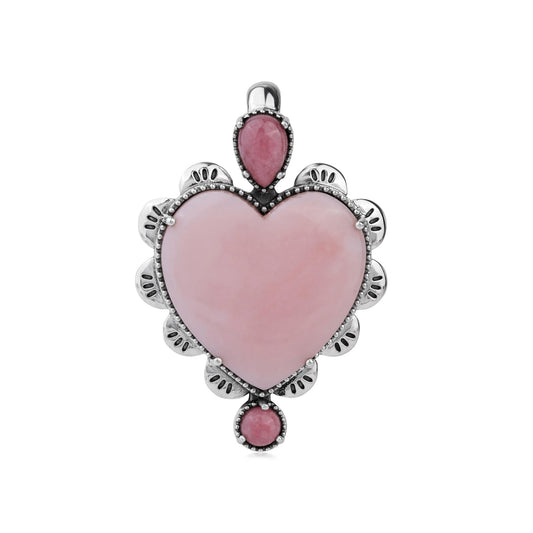 EXCLUSIVELY OURS! Sterling Silver Pink Opal and Rhodonite Large Heart Design Pendant Enhancer