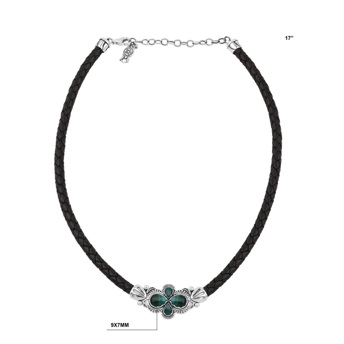  Sterling Silver Malachite Pear Cluster Black Leather Necklace