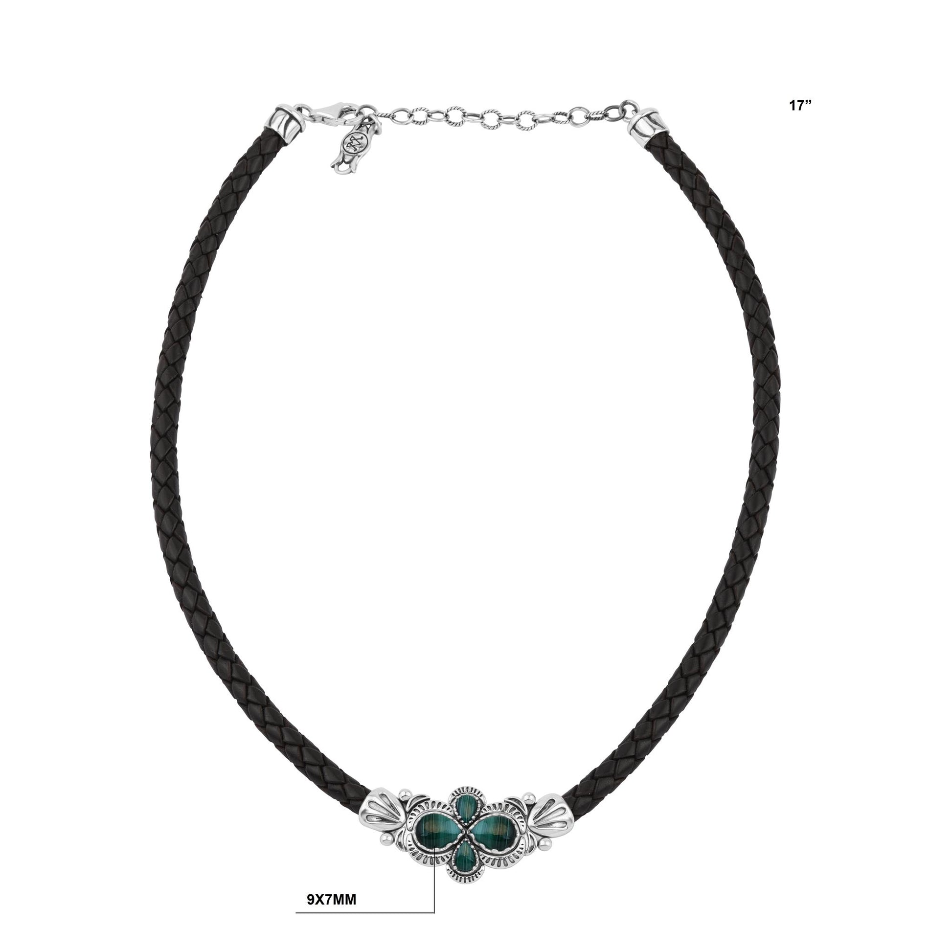  Sterling Silver Malachite Pear Cluster Black Leather Necklace