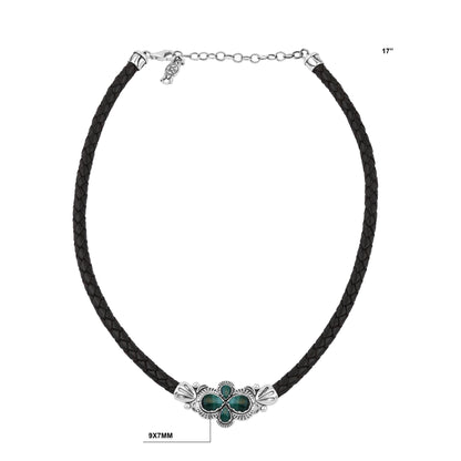  Sterling Silver Malachite Pear Cluster Black Leather Necklace