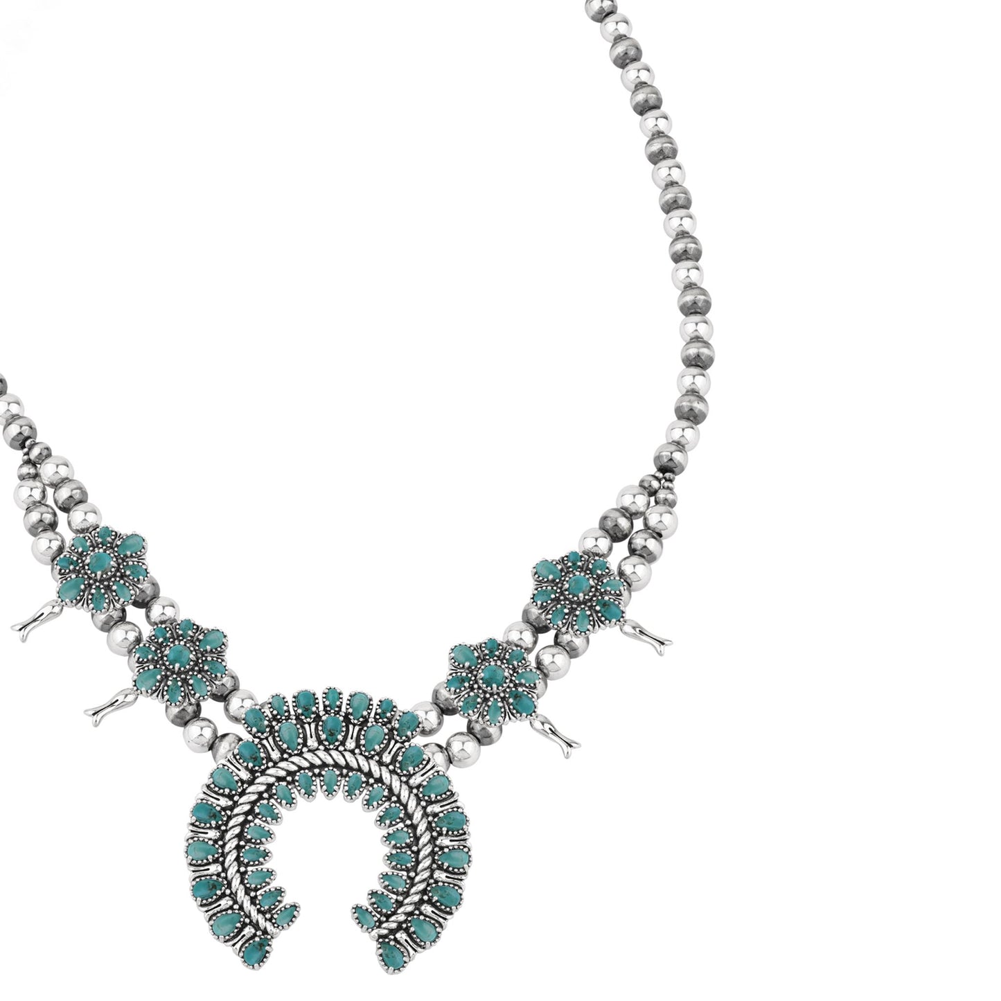  Sterling Silver Green Turquoise Petit Point Naja Squash Blossom Necklace