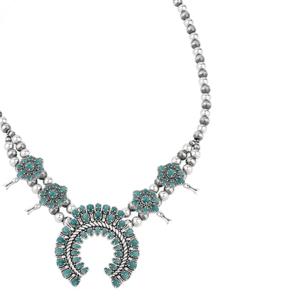  Sterling Silver Green Turquoise Petit Point Naja Squash Blossom Necklace