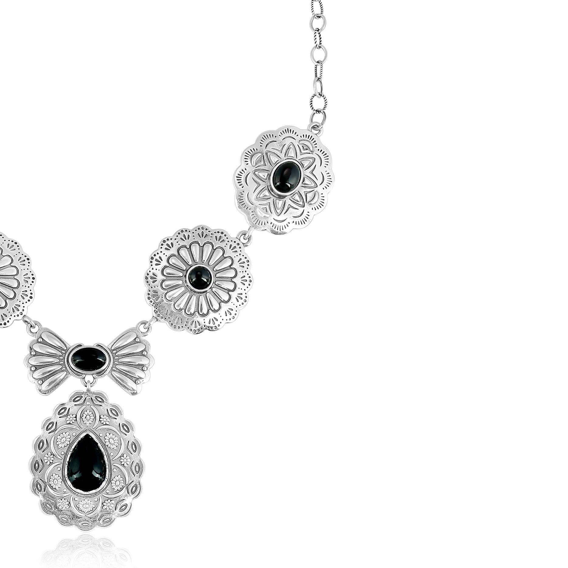 Sterling Silver Black Agate Concha Statement Necklace
