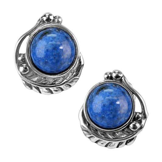 Sterling Silver Blue Denim Lapis Gemstone Leaf Button Earrings