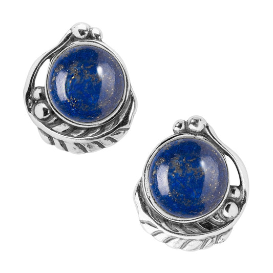 Sterling Silver Women's Button Earrings Blue Lapis Gemstone Leaf Design