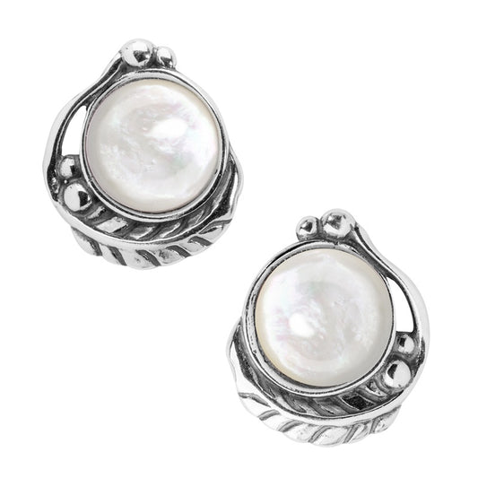 Sterling Silver White Mother of Pearl Gemstone Leaf Button Earrings
