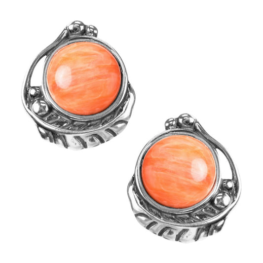Sterling Silver Orange Spiny Oyster Gemstone Leaf Button Earrings
