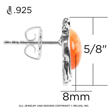 Sterling Silver Orange Spiny Oyster Gemstone Leaf Button Earrings