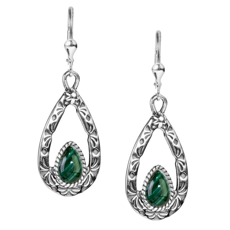 Sterling Silver Green Malachite Gemstone Teardrop Dangle Earrings