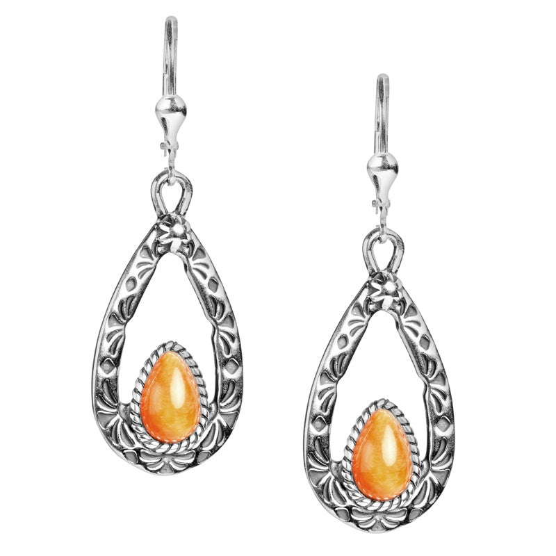 Sterling Silver Orange Spiny Oyster Shell Gemstone Teardrop Dangle Earrings