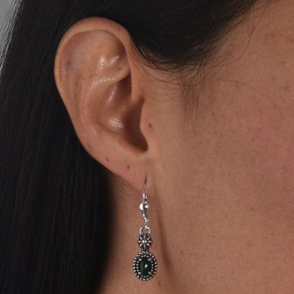 Sterling Silver Green Malachite Gemstone Flower Motif Dangle Earrings