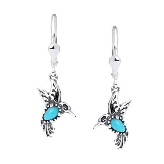 Sterling Silver Blue Turquoise Gemstone Hummingbird Earrings