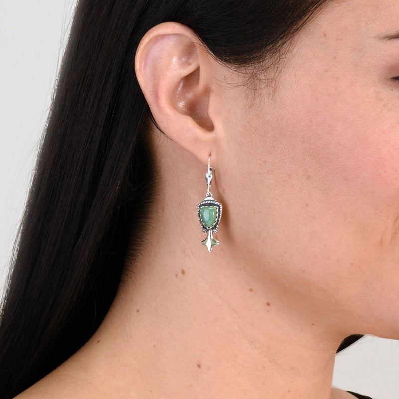 Sterling Silver Green Turquoise Arrowhead Gemstone Squash Blossom Drop Earring