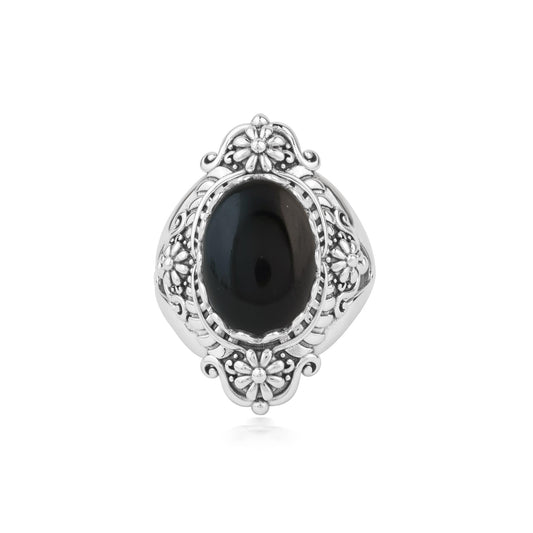  Sterling Silver Black Onyx Oval Scalloped Concha Ring
