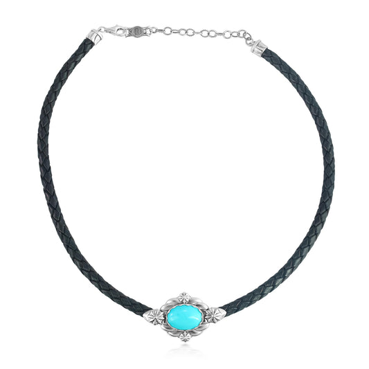 Sterling Silver Kingman Turquoise Black Braided Leather Necklace, 17 to 20 Inches