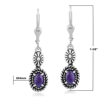 EXCLUSIVELY OURS! Sterling Silver Charoite Floral and Rope Design Dangle Earrings