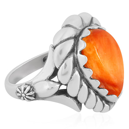 Sterling Silver Orange Spiny Oyster Pear Cut Rope Ring