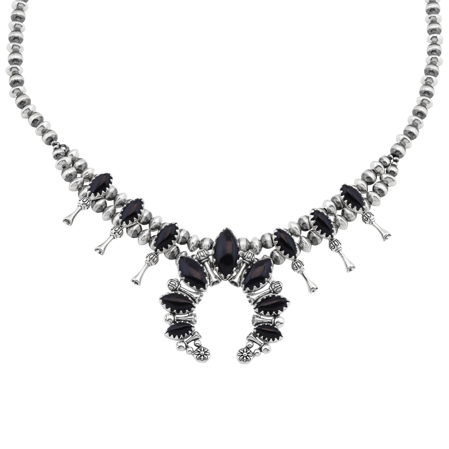  Sterling Silver Black Onyx Marquise-Cut Squash Blossom Necklace 
