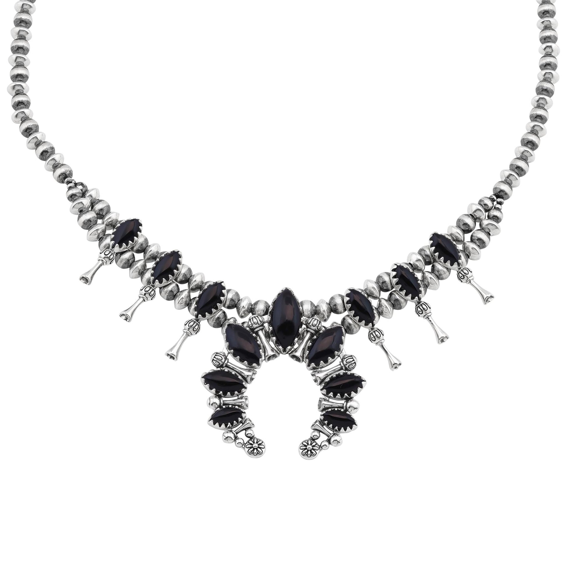  Sterling Silver Black Onyx Marquise-Cut Squash Blossom Necklace 