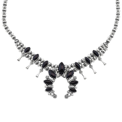  Sterling Silver Black Onyx Marquise-Cut Squash Blossom Necklace 