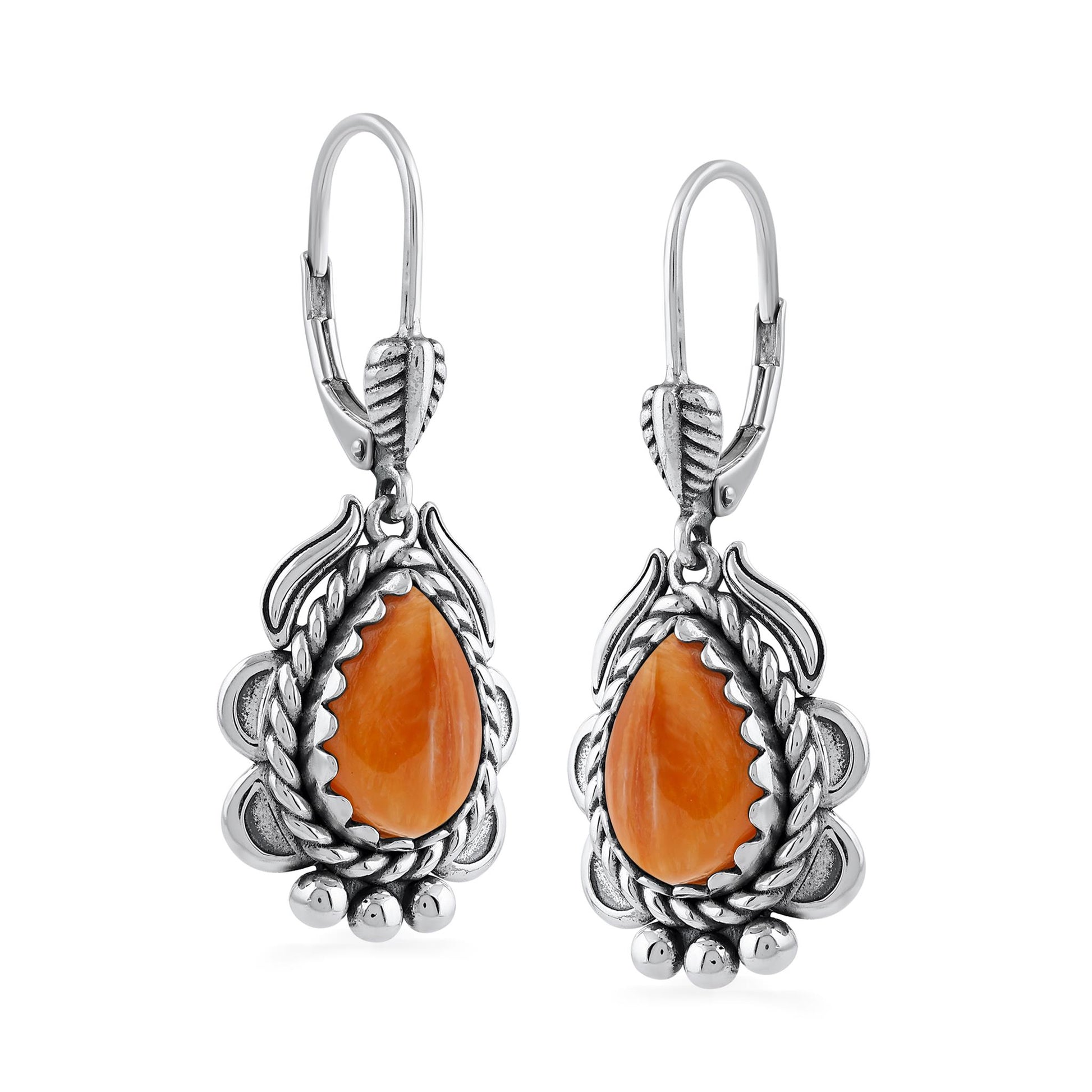 Sterling Silver Orange Spiny Oyster Pear-Cut Rope Design Lever Back Earrings