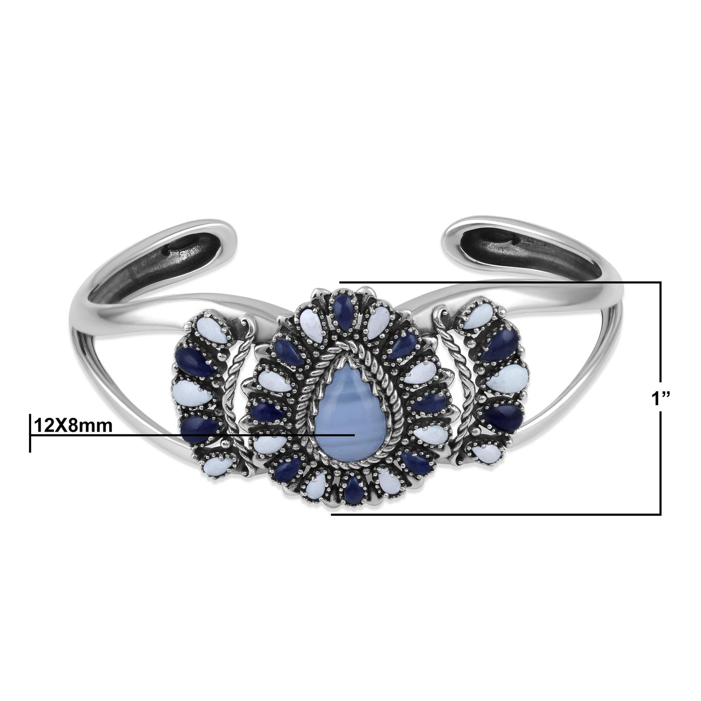 Sterling Silver Blue Lace Agate, Sodalite and White Agate Pear-Shaped Cluster Cuff Bracelet