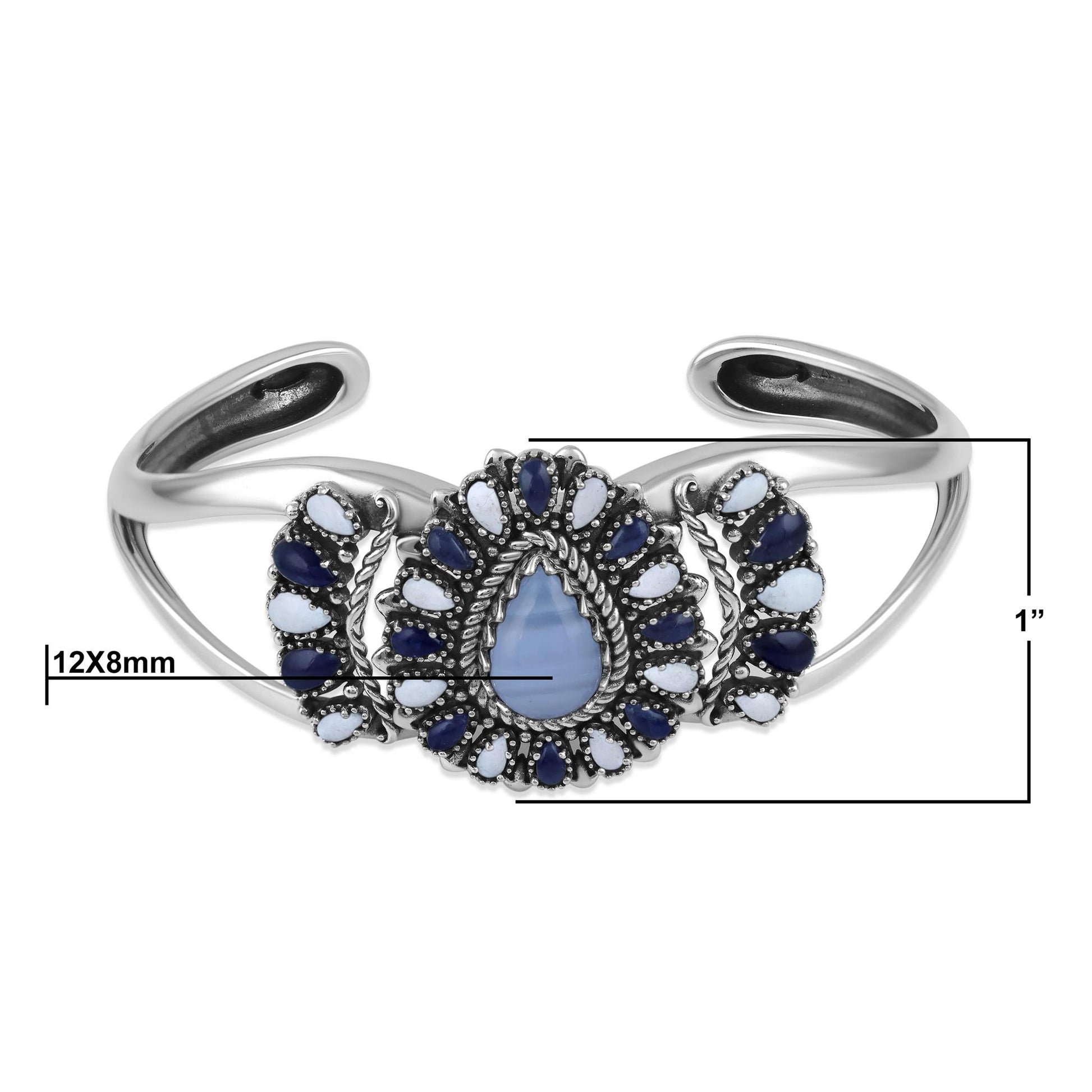 Sterling Silver Blue Lace Agate, Sodalite and White Agate Pear-Shaped Cluster Cuff Bracelet