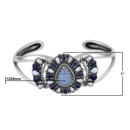 Sterling Silver Blue Lace Agate, Sodalite and White Agate Pear-Shaped Cluster Cuff Bracelet