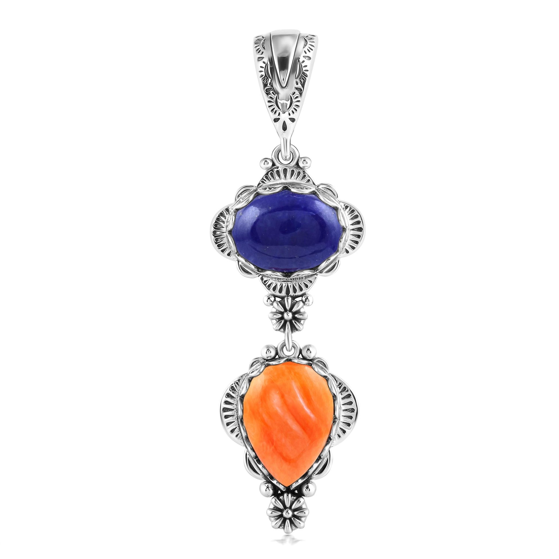 Sterling Silver Pear and Oval Lapis and Orange Spiny Oyster Linear Pendant Enhancer 
