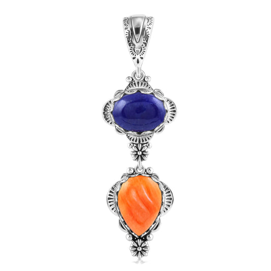 Sterling Silver Pear and Oval Lapis and Orange Spiny Oyster Linear Pendant Enhancer 
