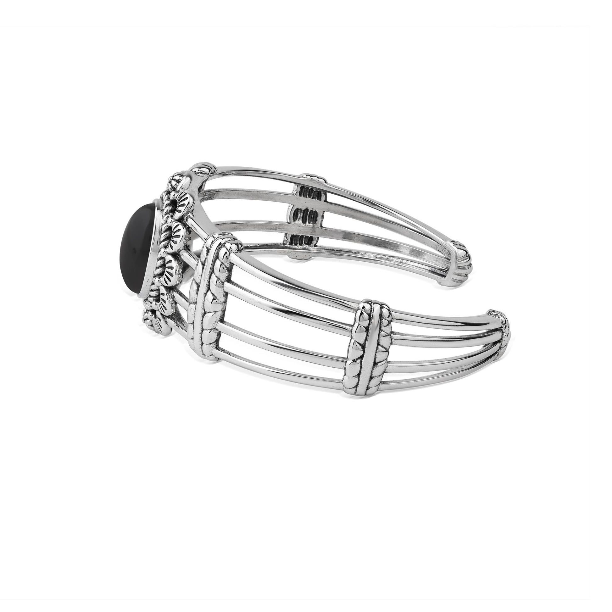  Sterling Silver Black Onyx Oval Scallop Open Cuff Bracelet