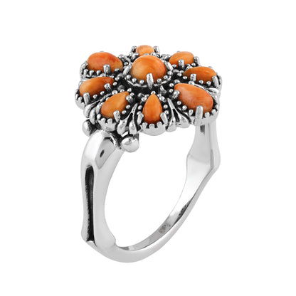  Sterling Silver Orange Spiny Oyster Flower Cluster Ring