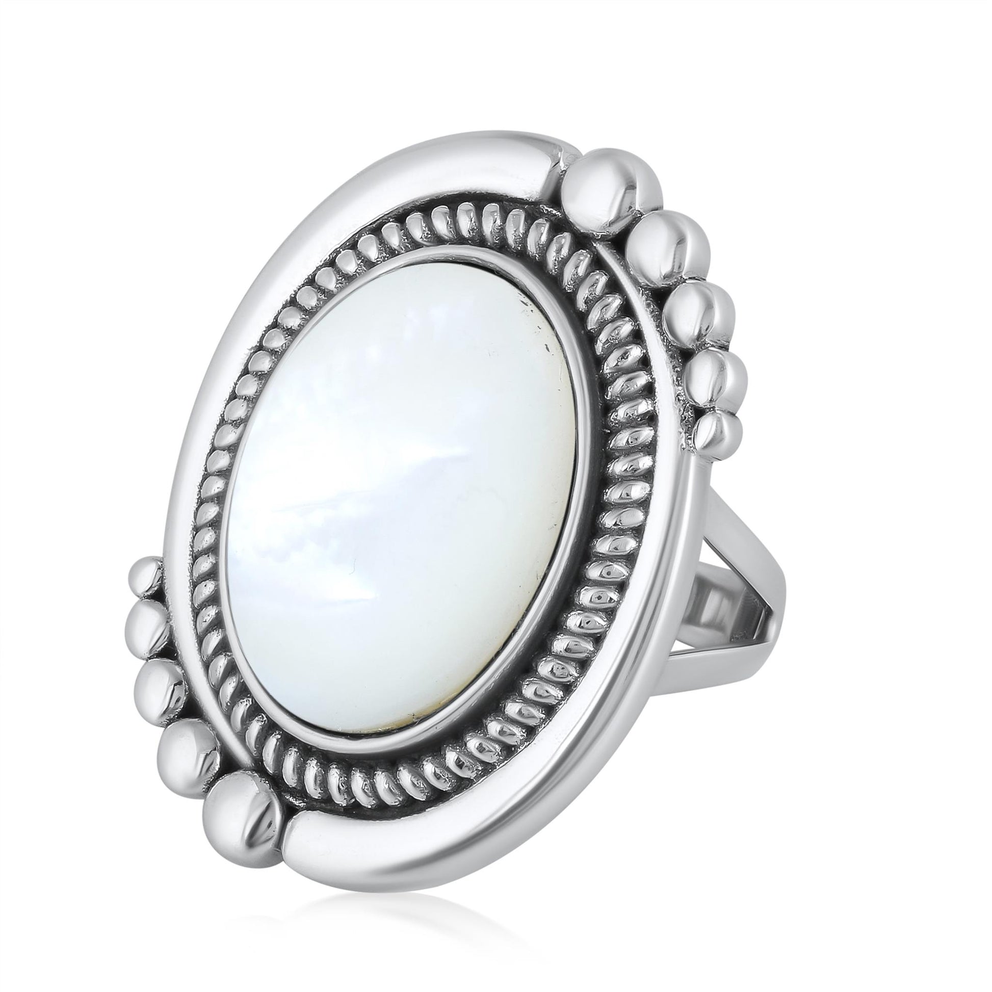 Sterling Silver White Mother of Pearl Oval Beaded Ring