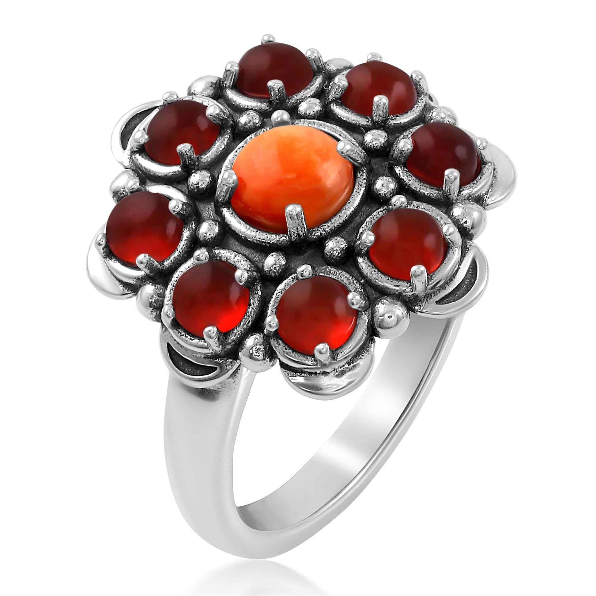 Sterling Silver Orange Spiny Oyster and Red Onyx Round Cut Flower Cluster Ring