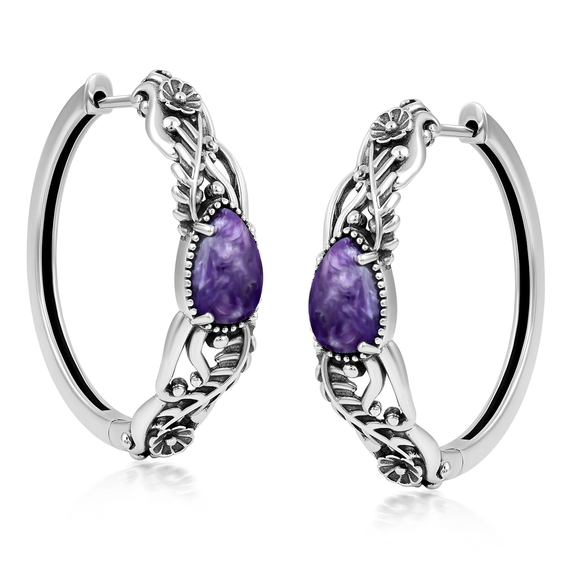 Sterling Silver Charoite Vine and Leaf Hoop Earrings