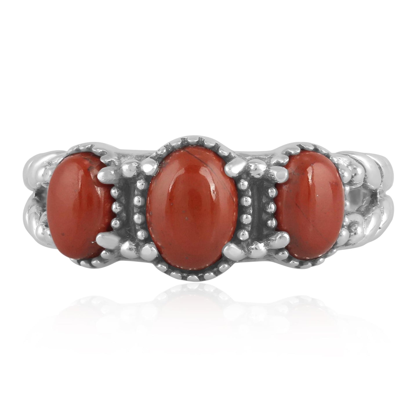 Sterling Silver Red Jasper Gemstone 3-Stone Ring, Sizes 5 to 10