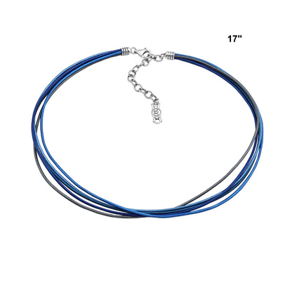 Sterling Silver Blue Leather 5 Strand Necklace, 17 to 20 Inches