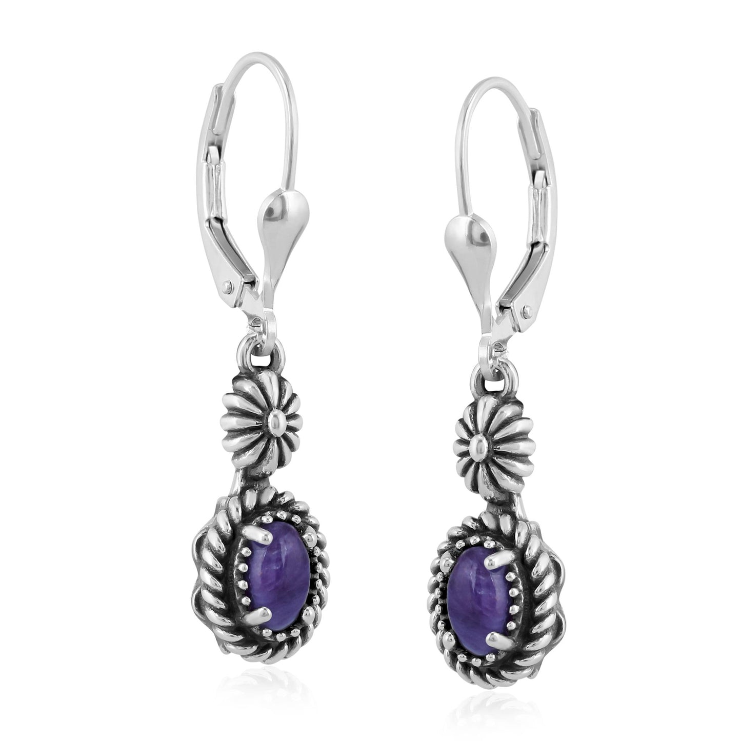 EXCLUSIVELY OURS! Sterling Silver Charoite Floral and Rope Design Dangle Earrings