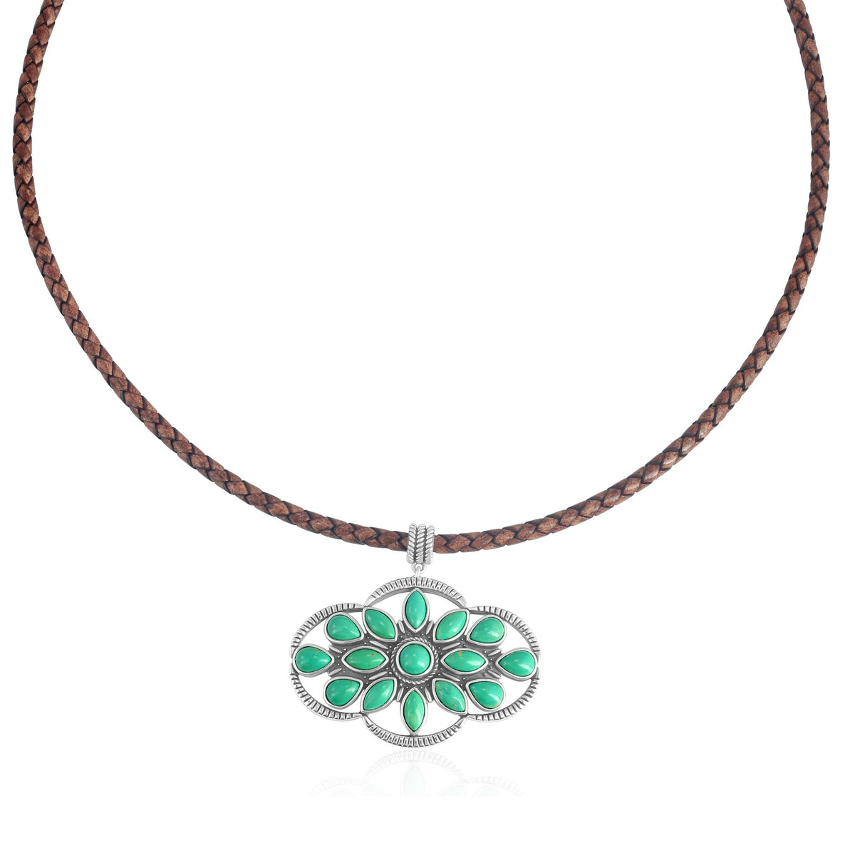 Sterling Silver Green Turquoise Brown Leather Cluster Necklace, 17 to 20 Inches