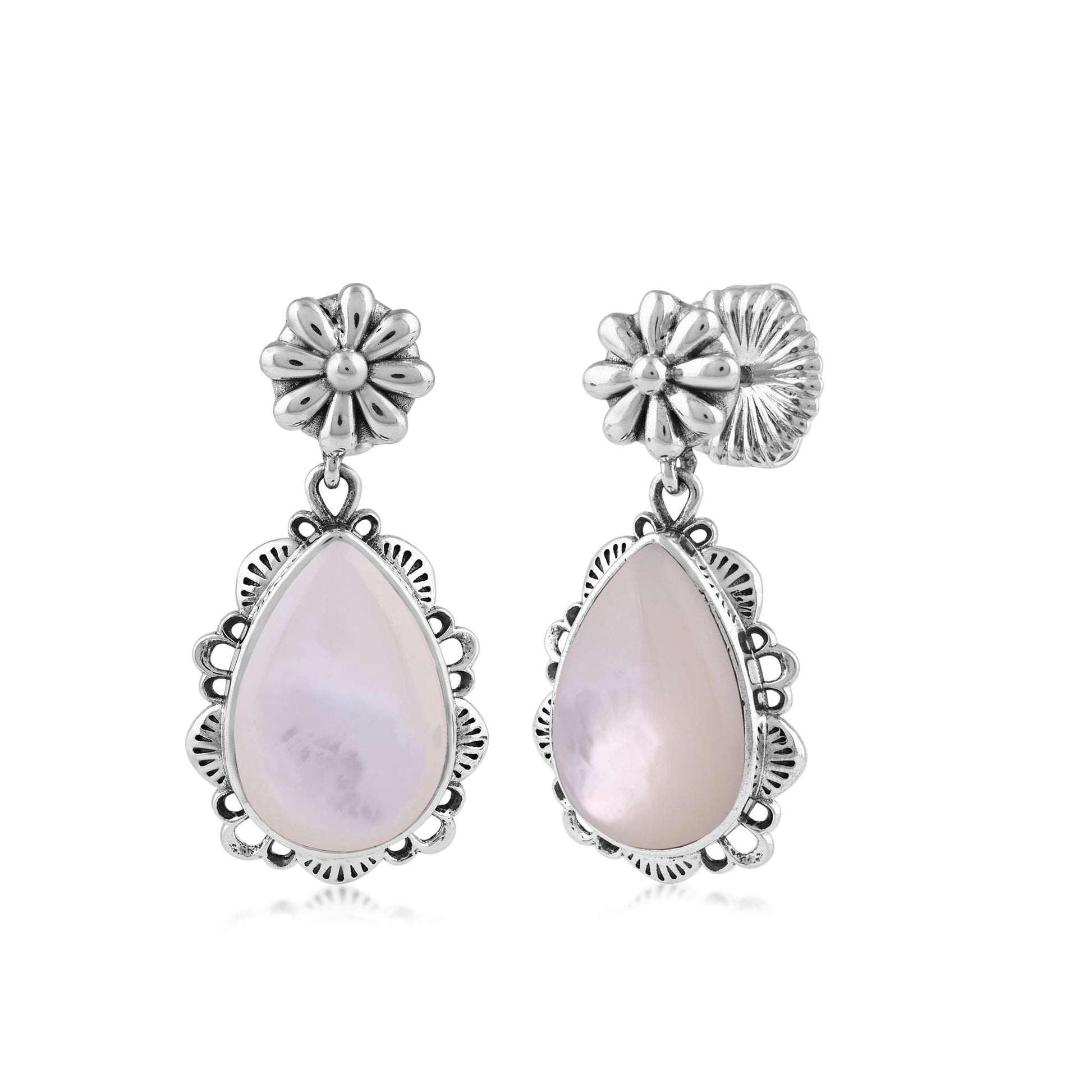 Sterling Silver White Mother of Pearl Pear-Cut Concha Dangle Earrings