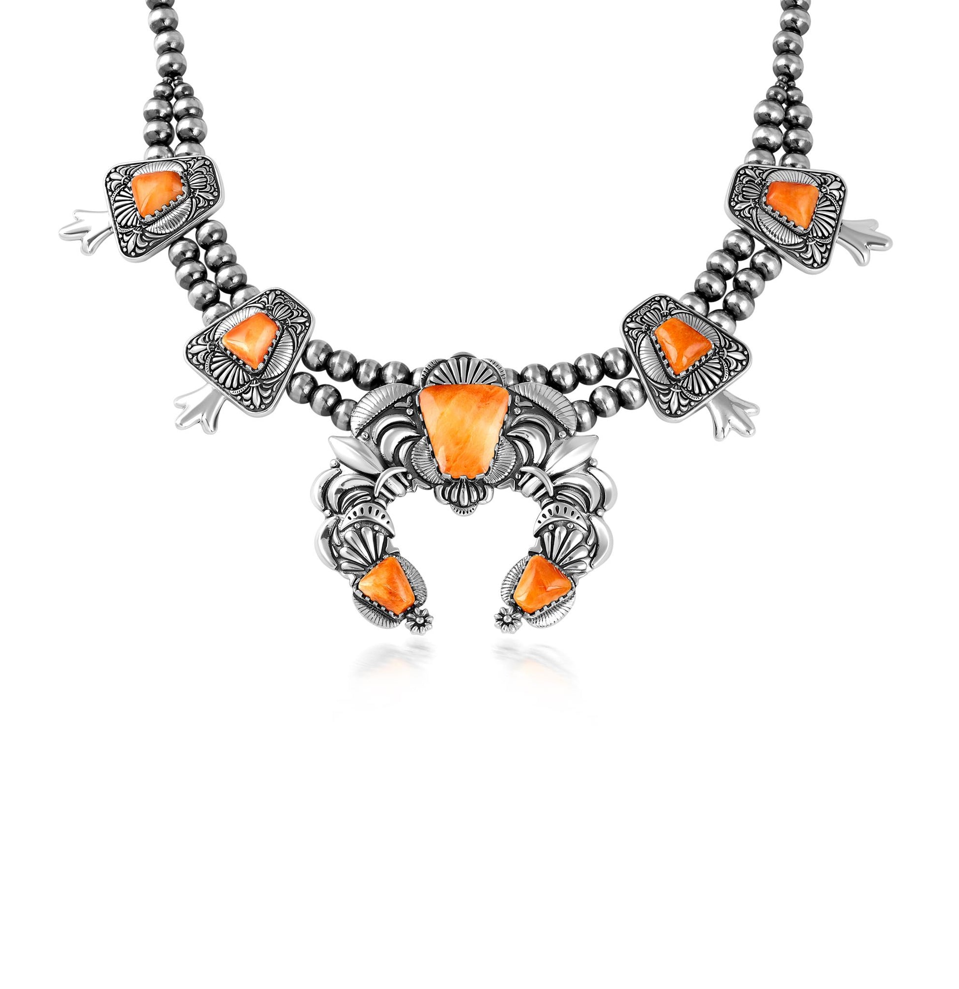 LIMITED EDITION! Sterling Silver Orange Spiny Oyster Trapezoid Squash Blossom Necklace