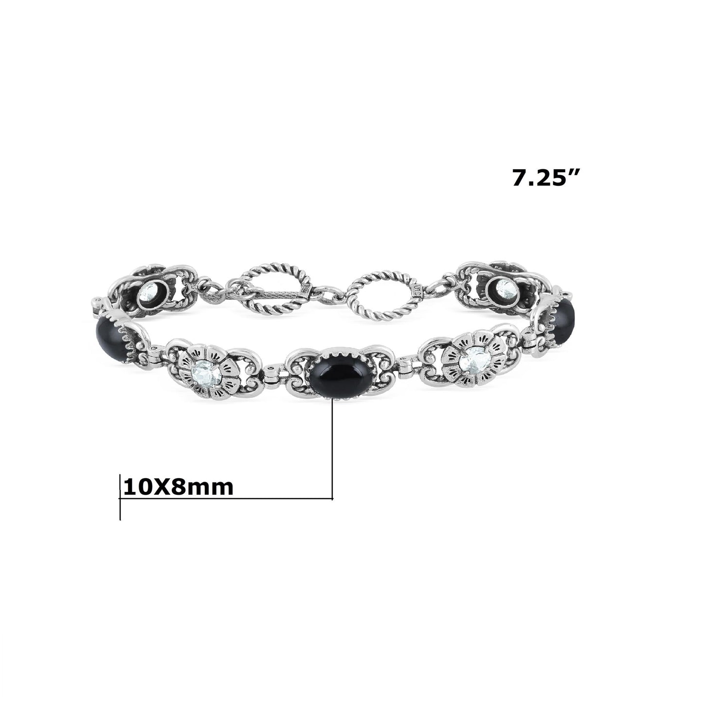 Sterling Silver Black Agate and White Topaz Concha Link Bracelet, Sizes Small to Large