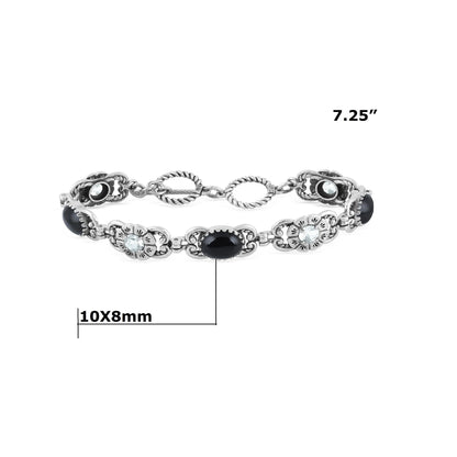 Sterling Silver Black Agate and White Topaz Concha Link Bracelet, Sizes Small to Large