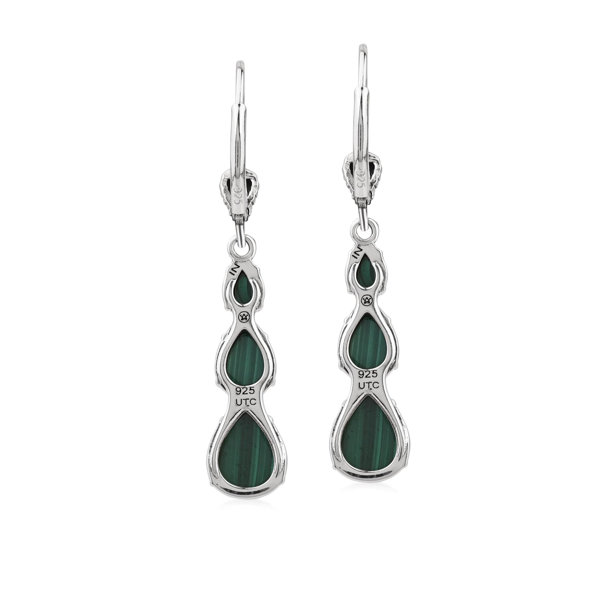  Sterling Silver Malachite 3-Pear Drop Lever Back Earrings