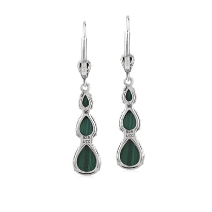  Sterling Silver Malachite 3-Pear Drop Lever Back Earrings