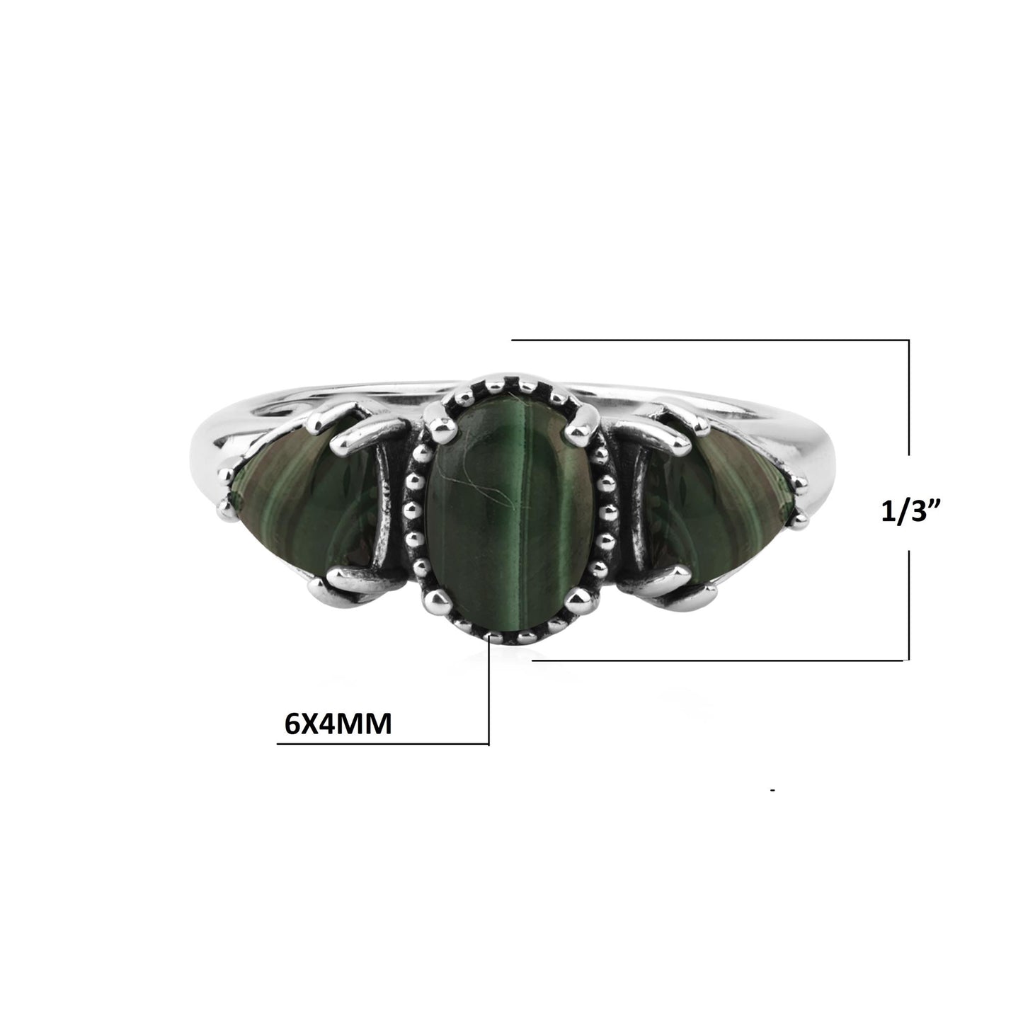  Sterling Silver Malachite Oval and Trillion 3-Stone Ring