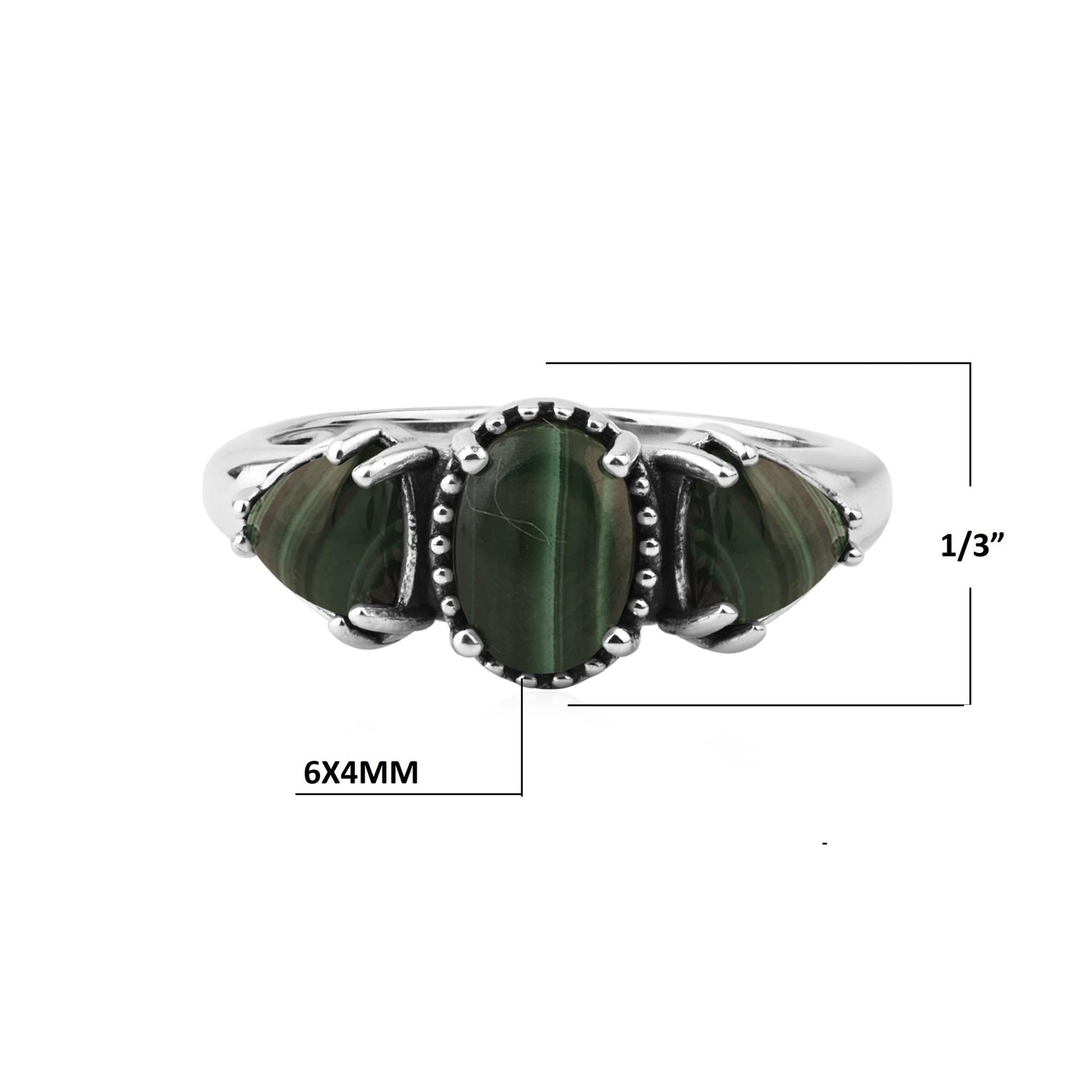  Sterling Silver Malachite Oval and Trillion 3-Stone Ring