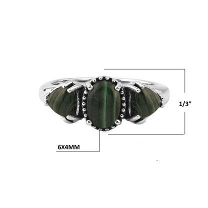  Sterling Silver Malachite Oval and Trillion 3-Stone Ring